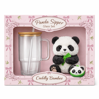 Juego de Regalo de Vasos de Vidrio con Tapa de Bambú y Pajita de Vidrio, Accesorio de Panda, Transparente, Ecológico