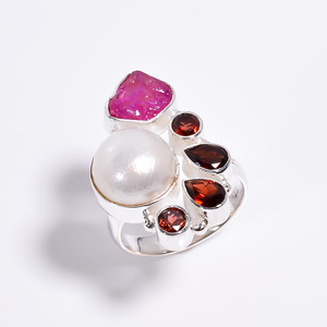 แหวนเงินแท้ 925 ไซส์ US 6 ประดับมุกบาโรกและพลอยเจียระไนหลากหลายแบบ, เครื่องประดับเงินพลอยจากผู้ค้าส่ง, เครื่องประดับเงินแท้คุณภาพสูง - Product Image 2