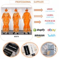 Robe longue de luxe pour femmes africaines grandes tailles, col rond, manches mi-longues, dentelle brodée, avec foulard assorti pour femmes