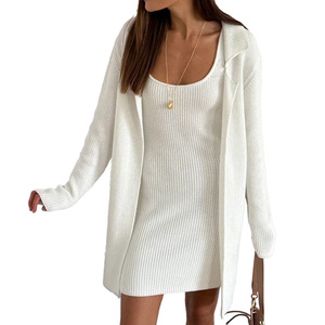Conjunto de Vestido de Punto para Mujer con Vestido Mini Acanalado sin Mangas y Chaqueta Larga Tipo Cárdigan, Atuendo Casual Primavera Verano 2026 - Product Image 5