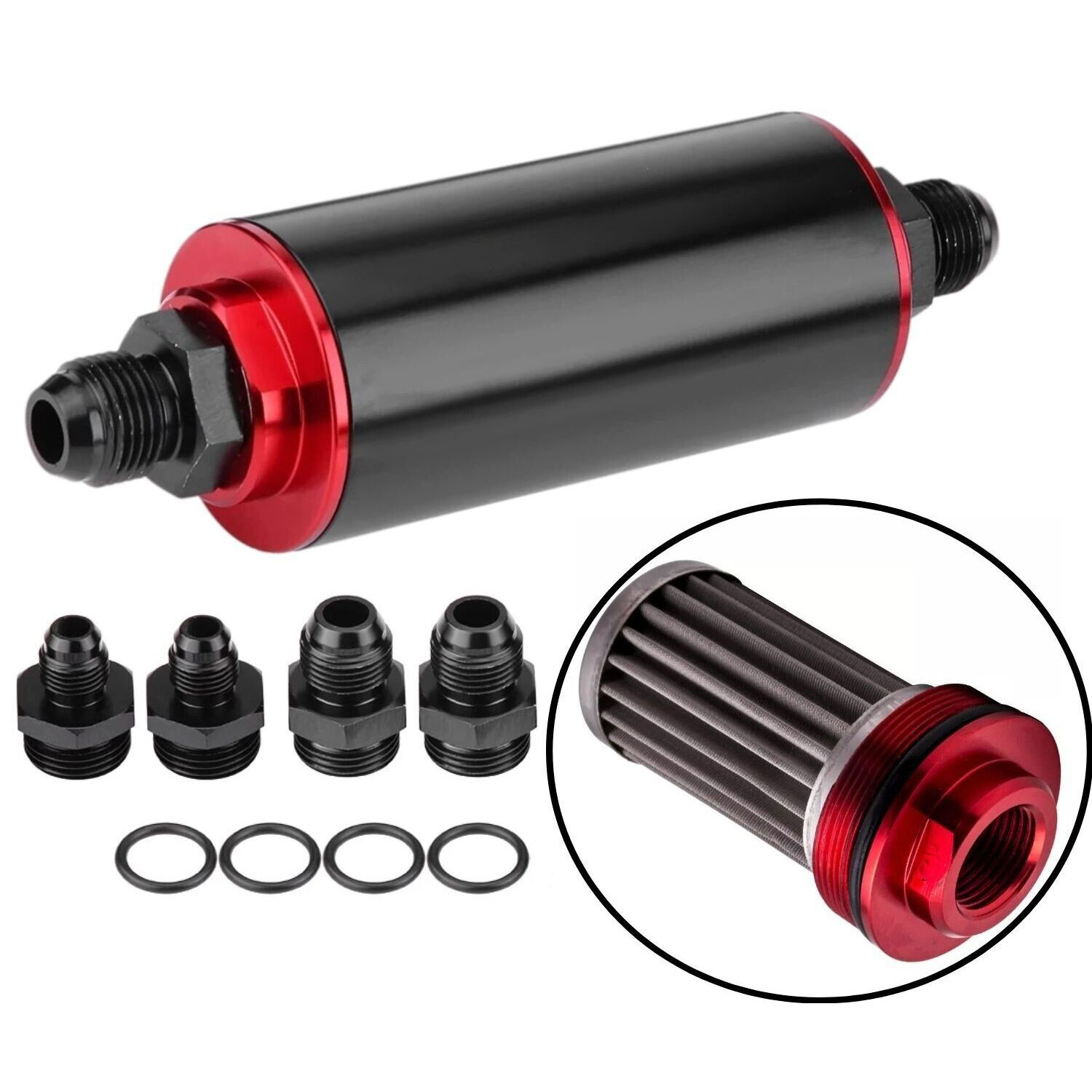 AUSO Universal Car Racing Black&Red 60 Micron In-Line Fuel Filter High Flow Aluminum Filter With AN6 AN8 AN10 Fitting Adapter - Foto 7