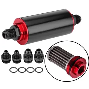 AUSO Universal Car Racing Black&Red 60 Micron In-Line Fuel Filter High Flow Aluminum Filter With AN6 AN8 AN10 Fitting Adapter