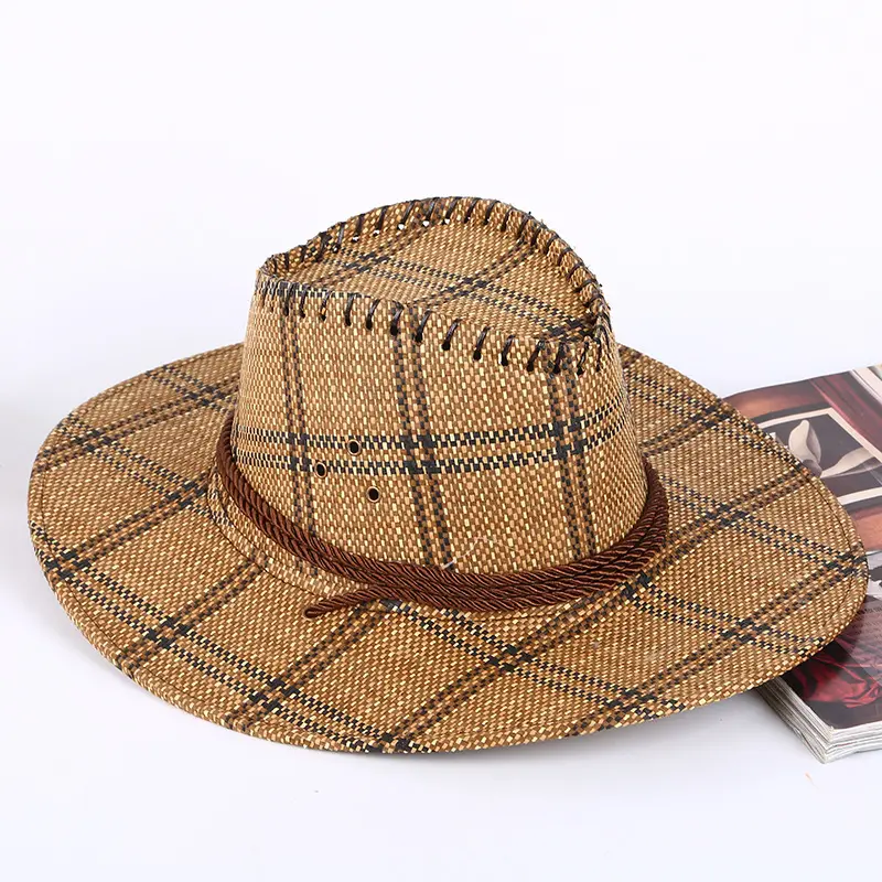 8 cores da primavera de três cordas de palha ocidental cowboy chapéu de sol de verão <span class=keywords><strong>grande</strong></span> chapéu de abas largas chapéu chapéu turismo ao ar livre