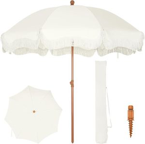 Parasol de patio bohème à franges avec motif bois, bouton d'inclinaison et protection UV, imperméable pour jardin/plage/terrasse - Product Image 6