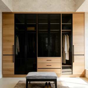 BALOM Custom Modern Italian Luxury <b>Wardrobe</b> Dark <b>Brown</b> Wood Glass Closet Cabinet Custom Walk in <b>Wardrobe</b> With Open Hanging Area - Product Image 6