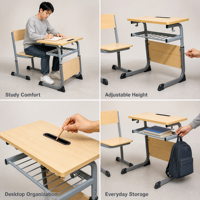 Ensemble de bureau et chaise d'écolier réglables avec panier de rangement, fente pour tablette et crochets latéraux