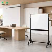 Tableau blanc mobile en verre trempé avec support triangulaire 120x90/120x180cm, verre magnétique anti-effet fantôme 4mm, roulettes verrouillables en aluminium