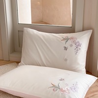 Parure de lit 4 pièces en coton longues fibres 100S rose premium, brodée motif végétal européen, 300 fils/cm²