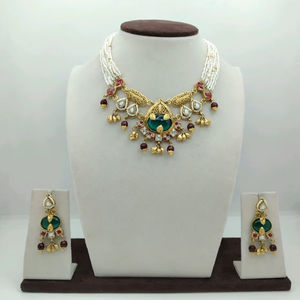 Traditional Gold Plated <b>Necklace</b> <b>Set</b> with Green Pendant <b>Pearl</b> Beads and Red Accents Bridal Wedding Jewelry - Product Image 3