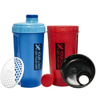 Bouteille shaker OEM double échelle en PP avec couvercle anti-fuite en maille alvéolée, couleur personnalisée, facile à nettoyer