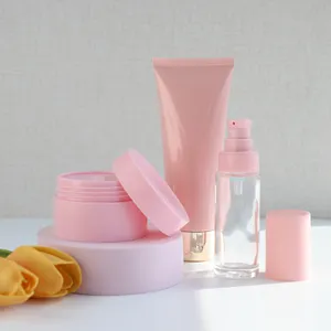 प्लास्टिक कॉस्मेटिक बोतल, गुलाबी कॉस्मेटिक जार, गुलाबी कॉस्मेटिक सौंदर्य उत्पादों की पैकेजिंग श्रृंखला