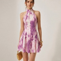 Robe Courte en Mousseline Tie-Dye Y2K Sans Manches, Col Halter Élégant, Coupe Trapèze, Style Vintage Quotidien Printemps-Été-Automne