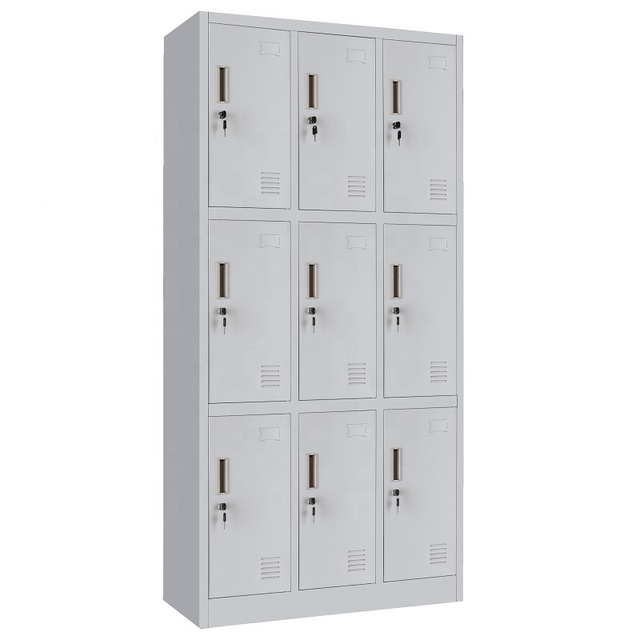 Factory Flat Pack Cloakroom 3 Tier Metal Wardrobe Locker Student Storage Compartment Office Steel Cabinet 9 Doors with Key Lock