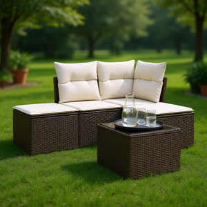 Conjunto de Sofá de Jardín de Ratán Blanco Crema y Marrón con Cojines, 3 Plazas, Muebles de Exterior, Diseño Contemporáneo - Product Image 2