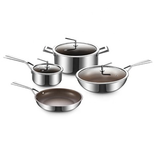 Bộ nồi chảo thép không gỉ 3 lớp đơn giản và thanh lịch, phủ titan nóng chảy một mặt, 10 món, kèm nắp kính - Product Image 3