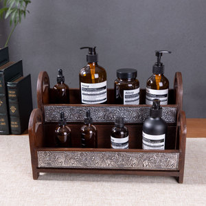 Boîte de rangement cosmétique en bois massif, double couche, design rétro, pour salle de bain, bureau, organisateur de maquillage avec incrustation métallique - Product Image 3