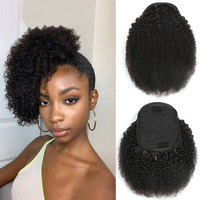 Extensions de cheveux brésiliens naturels afro crépus bouclés pour femmes noires, queue de cheval à clip avec filet et cordon de serrage, queue de cheval afro crépue bouclée noire