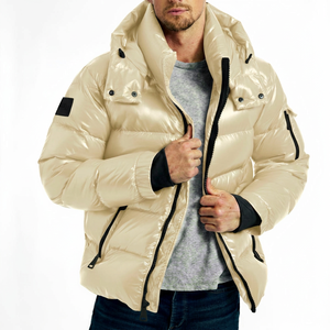 Chaqueta Acolchada para Hombre, Color Crema, con Cuello Alto, Cierre de Cremallera, Resistente al Viento, Informal de Invierno, Relleno Grueso de Fibra de Poliéster - Product Image 1