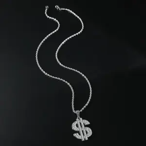 Hip Hop US Dollars Colar Alloy Rhinestone Bling Women Girl Jewelry Rope Chain Dollar Pendant Necklace