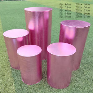 Housse de base cylindrique en tissu métallique <span class=keywords><strong>brillant</strong></span> en gros - Bleu argenté élastique pour la décoration de table de réception de mariage - Product Image 4