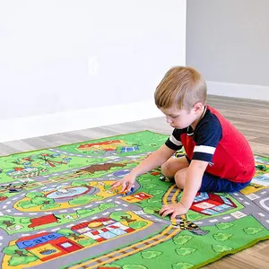 Welcome Mat Green Non-slip City Life Road Rug Cars Trucks And Toys Large Play Mat
