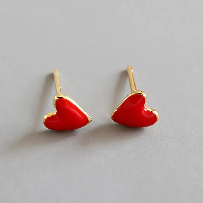 925 Sterlingsilber-Ohrringe Mini rot Herztropfen prallender Emaille-Ohrringe Stecker für Mädchen und Frauen 18k Gold Plattiert Stecker-Ohrringe
