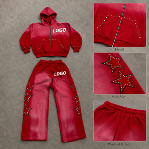 High Quality Rhinestone Design Embroidery <strong>Tracksuits</strong> Zip up Sun Faded Cotton Baggy Printing Custom logo Men <strong>Tracksuit</strong> Set - Product Image 4