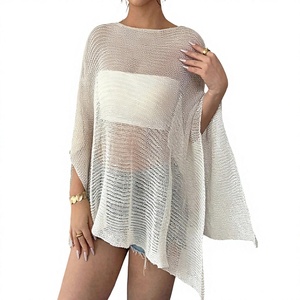 T-shirt asymétrique bohème en maille à manches chauve-souris pour femme, col rond ample, mi-long, respirant, idéal printemps-été - Product Image 1