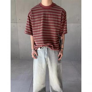 Camiseta de Manga Corta para Hombre, Estilo Casual, Cuello Redondo, con Cuentas, Color Rojo Vintage, Holgada, Verano 2025 - Product Image 6