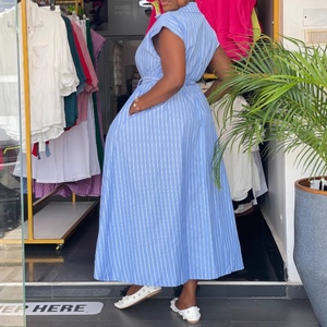 Robes Maxi Élégantes pour Femmes à Manches Courtes, Boutonnées, Rayées, Style Africain, avec Ceinture à Nouer, Écologiques, en Crochet, Taille Naturelle, Tendance - Product Image 2