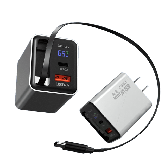 Best Mobile Phones Accessories 2025 Travel Wall Fast Charger USB C PD QC3.0 with Retractable Cable GaN 65W with LED Display