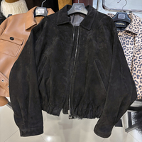 Veste en cuir véritable de mouton à ourlet élastique pour femme, veste bomber en daim véritable surdimensionnée, automne