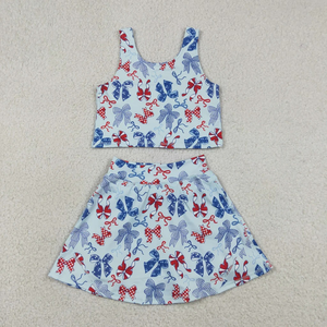 4th of July Kids Girls 2-Piece Set White Sleeveless Top Blue Ruffle Shorts American Cutie Embroidery Cotton Summer Outfit - Product Image 5