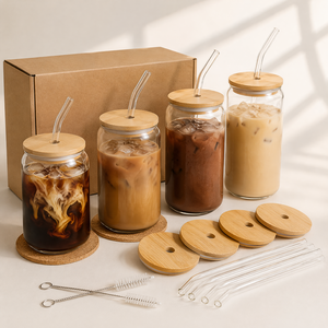 Premium Hitze- und Kältebeständige Borosilikatglas-Dosenförmige Klare Becher Mason Jars Bierglas-Becher mit Bambusdeckeln und Strohhalm - Product Image 4