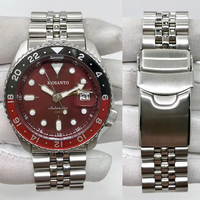Montre mécanique automatique GMT pour hommes, lunette rouge et noire, cadran bordeaux, bracelet en acier inoxydable, étanche 10ATM, montre de plongée