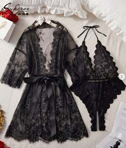 B069 <b>Sexy</b> <b>Sheer</b> Women's <b>Lingerie</b> Lace Robe Bodysuit & Long Sleeved Nightgown Set with Bow Tie Belt 100% Polyester Mesh - Product Image 4