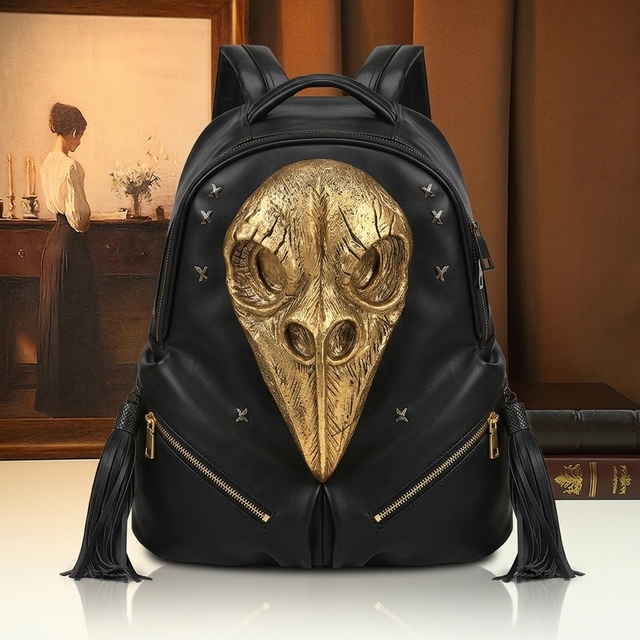 Exquisite Gothic Bird Skull Pattern Rucksack Waterproof PU Leather Fine Hardcore Punk Style Backpack Travel School Bag
