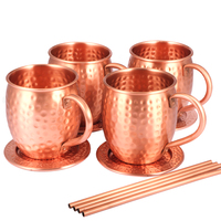 Ensemble de tasses à Moscow Mule en cuivre massif 100% pur, martelé, avec sous-verres, pailles et verres à shot, vaisselle de bar artisanale, coffret cadeau