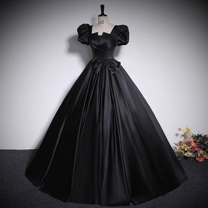 Satin Evening Gown Square Collar Empire Waist Vintage Style Black Women's Formal Dress Wedding Party Hostess Dress - Product Image 2