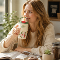 Gobelet isotherme portable en acier inoxydable 316 de 15 oz avec motifs de dessins animés, intérieur en céramique, poignée et filtre à paille pour le voyage