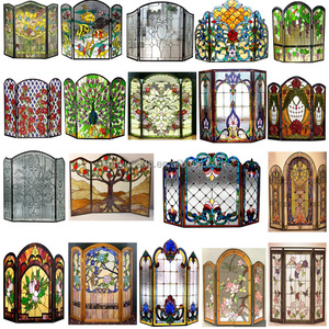 Écran de cheminée en vitrail, 3 panneaux, design baroque, décoration traditionnelle, couleur verte, forme rectangulaire, décoration - Product Image 5