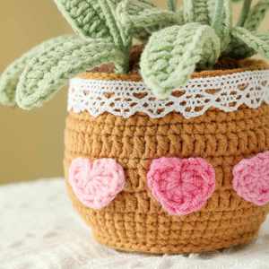 Aiwen Handmade Tulips Crochet Flower Bouquet Crocheted Potted Plant Knitted Flowers Forever Tulip Pot Crafted Home Office <b>Decor</b> - Product Image 3