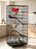 Cage pour chat en métal noir à monter soi-même avec roulettes, zone de jeu spacieuse, hamac suspendu, plusieurs coussins, échelles pour chats d'intérieur multiples
