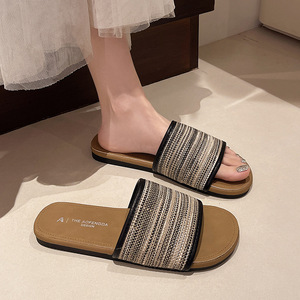 Fashionable Ladies Sandals Women's Square Open Toe Slip Lightweight Roman Style Summer Breathable <b>Soft</b> Flax Upper Comfort <b>Shoes</b> - Product Image 3