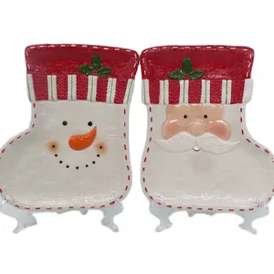 手绘圣诞老人和雪人面板，圣诞靴形陶瓷拼盘