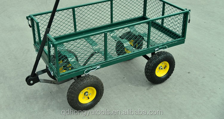 Heavy Duty Cast Iron Garden Wagon Cart 3.50-4 Pneumatic Foldable Hand Trolley Four-Wheel Platform Mesh Tools OEM 250kg Load