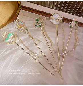 Épingle à <span class=keywords><strong>cheveux</strong></span> en alliage avec fleur et pompon, style chinois ancien, pour chignon, accessoire pour Hanfu et Cheongsam - Product Image 6