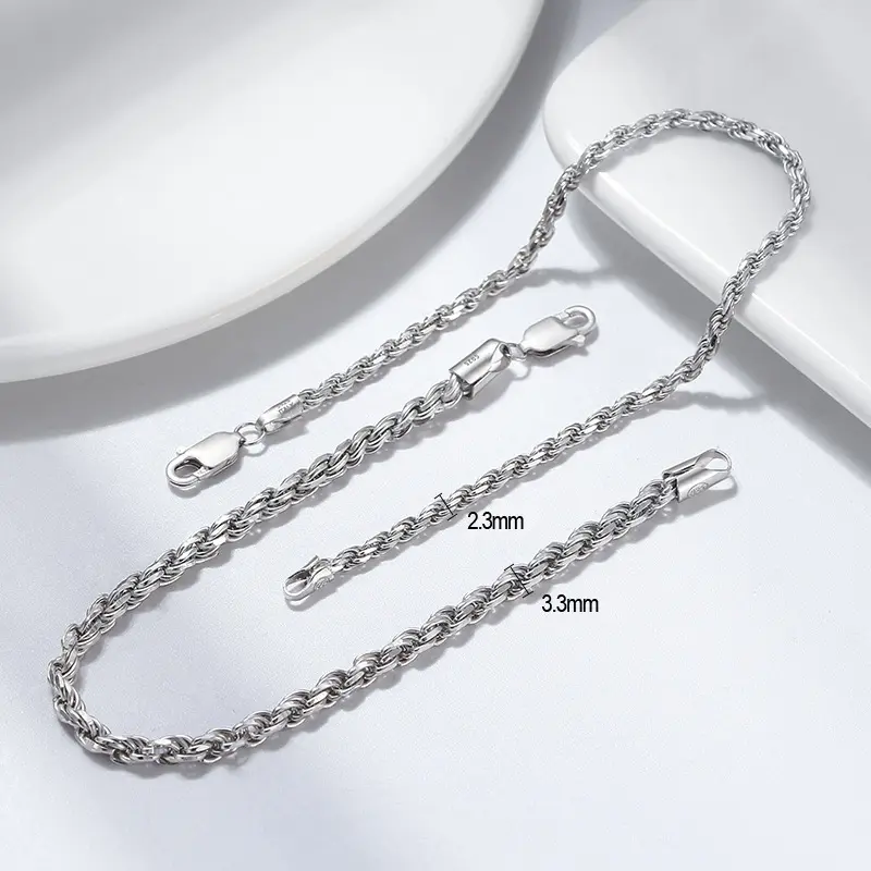 Cadena de cuerda trenzada para mujer, de Plata de Ley 925 italiana a la moda, 2,3mm, 3,3mm, pulsera de cuerda trenzada con corte de diamante