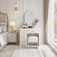 Coiffeuse moderne en MDF blanc avec miroir ovale éclairé, 4 tiroirs, élégante table de maquillage pour chambre à coucher avec rangement, modèle 921D