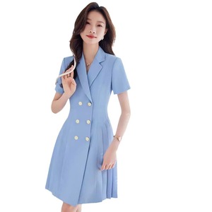 Blue Short Sleeve Suit Dress For Women Fit And Flare Double Button Career Dress Summer 2024 Solid Color Polyester Woven - Product Image 5